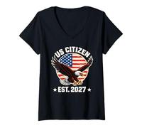 Mujer Ciudadano Estadounidense EST. 2027 Bandera Americana Águila Calva Inmigración Camiseta Cuello V