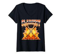 Mujer Clarinete Instrumento Clarinetist Flames 90s Bootleg Style Camiseta Cuello V