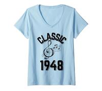 Mujer Clásico 1948 con Clave de Sol y Notas Musicales. Camiseta Cuello V