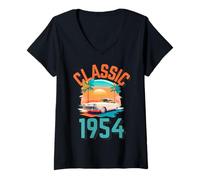 Mujer Clásico 1954 con Coche, Palmeras y Puesta de Sol Camiseta Cuello V