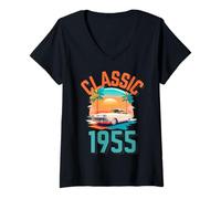 Mujer Clásico 1955 con Coche, Palmeras y Puesta de Sol Camiseta Cuello V