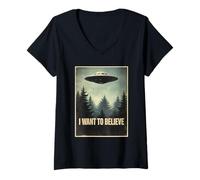 Mujer Clásico Vintage I Want To Believe OVNI Alien Craft Conspiracy Camiseta Cuello V