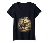 Mujer Classic Cowboy UFO Alien Craft Encuentro Misterio Occidental Camiseta Cuello V