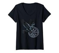 Mujer Classic Huginn Muninn Celtic Viking Brújula Vegvisir Camiseta Cuello V