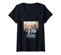 Mujer Classic Teddy Bear in London Cityscape Illustration Graphic Camiseta Cuello V