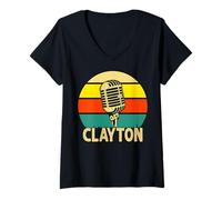 Mujer Clayton - Micrófono Retro con Nombre y música Divertida de los años 80 Camiseta Cuello V