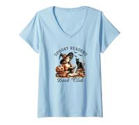 Mujer Club de Lectura de Halloween Witch Reading Spooky Readers Black Cat Camiseta Cuello V