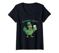 Mujer Cluckin' Lucky San Patricio Cerveza Verde Gallo Camiseta Cuello V