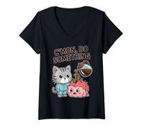 Mujer Cmon Do Something Café Cerebro Gato Oficina Camiseta Cuello V