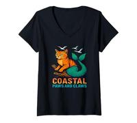 Mujer Coastal Paws and Claws - Lindo diseño de Gato Sirena de Playa Camiseta Cuello V