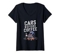 Mujer Coches antes del café Mecánico de automóviles Divertido ingeniero automotriz Camiseta Cuello V