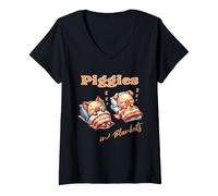 Mujer Cochinitos En Su Manta Cerditos Durmiendo Tocino Camiseta Cuello V