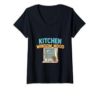 Mujer Cocina Ventana Humor Acogedor mañana Escena Camiseta Cuello V