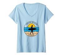 Mujer Cocoa Beach Surf Florida Pier Longboard Surf Retro Camiseta Cuello V