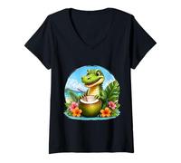 Mujer Cocodrilo Divertido en la Playa, Flores Tropicales de Coco Camiseta Cuello V