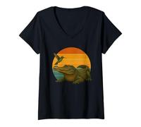 Mujer Cocodrilo Y Colibrí Retro Atardecer Camiseta Cuello V