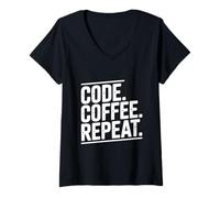 Mujer Code Coffee Repeat Programador Vida Divertido Camiseta Cuello V