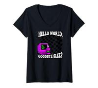 Mujer Coder Hello World Goodbye Sleep Computer Science Retro Camiseta Cuello V