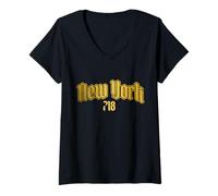 Mujer Código de área de la Ciudad de Nueva York 718 Old School NYC Bronx Brooklyn Camiseta Cuello V
