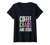 Mujer Coffee Chaos And Jesus Christ Christian Religious Love Faith Camiseta Cuello V