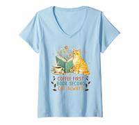 Mujer Coffee First Book Second Cat Always Reading Library Cat Love Camiseta Cuello V