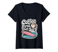Mujer Coffee First Then Surf Cute Kawaii Surfboard Wave Surf Camiseta Cuello V