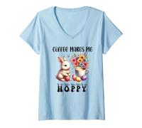Mujer Coffee Makes Me Hoppy Easter Cute Bunny Drinking Coffee Cup Camiseta Cuello V