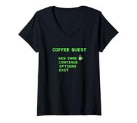 Mujer Coffee Quest Barista Gaming Funny Retro 8 bit Cafeína Camiseta Cuello V