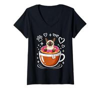 Mujer Coffee Siamese Meezer Cat Donut Camiseta Cuello V