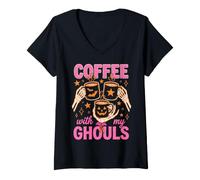 Mujer Coffee with My Ghouls Halloween Coffee Lover Camiseta Cuello V