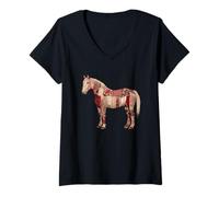 Mujer Colcha Patchwork Rojo Caballo Country Western Camiseta Cuello V