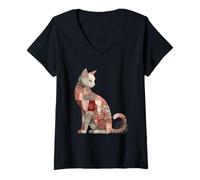 Mujer Colcha rústica Floral con diseño de Gato Folk Vintage Camiseta Cuello V