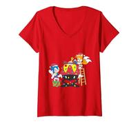 Mujer Colección clásica de Navidad Sonic - Obra de Arte navideña Camiseta Cuello V, Rojo, XXL