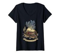 Mujer Colección de Libros de Dark Academia Grimoire Raven, Arte Oculto y Brujo Camiseta Cuello V