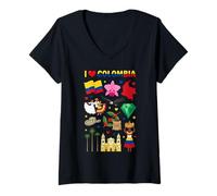 Mujer Collage de Iconos y símbolos culturales I Love Colombia Camiseta Cuello V
