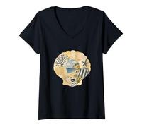 Mujer Collage de Verano de Conchas Marinas Arte mediterráneo gráfico costero Camiseta Cuello V