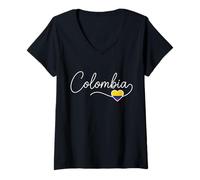 Mujer Colombia Caligrafía con Bandera Corazón Camiseta Cuello V