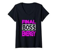 Mujer Color Rosa Final-Boss-Energy Pink Graphic Camiseta Cuello V