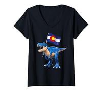 Mujer Colorado Dinosaur T-Rex Denver Flag Boulder Ski Hombres Mujeres Camiseta Cuello V