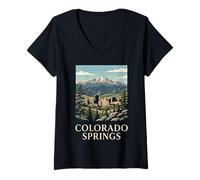 Mujer Colorado Springs Montaña Horizonte Retro Picos Bosque Ciudad Camiseta Cuello V