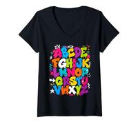 Mujer Colorful Alphabet ABC Teacher Classroom Letters Camiseta Cuello V