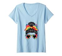Mujer Colorful Bow Heart Glasses Hair Vibes Style Camiseta Cuello V