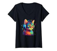 Mujer Colorful Cat Portrait Art Headphones Music Lover Graphic Camiseta Cuello V