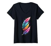 Mujer Colorful Feathers Tribal Native American Indian Indigenous Camiseta Cuello V