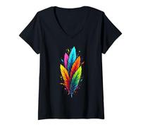 Mujer Colorful Feathers Tribal Native American Indian Indigenous Camiseta Cuello V