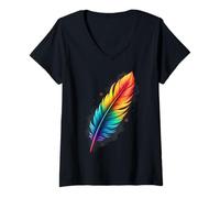 Mujer Colorful Feathers Tribal Native American Indian Indigenous Camiseta Cuello V