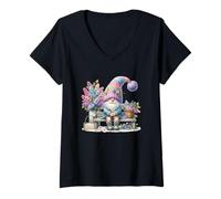 Mujer Colorful Spring GNOME with Cute Flowers For Women Gardener Camiseta Cuello V