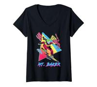 Mujer Colorida Aventura de Snowboard en el Monte Baker Camiseta Cuello V