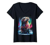 Mujer Colorida Foca con Aurora Boreal Animal Marino Invernal Camiseta Cuello V