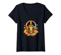 Mujer Colorida Rana Hippie con símbolo de la Paz Flower Power Camiseta Cuello V